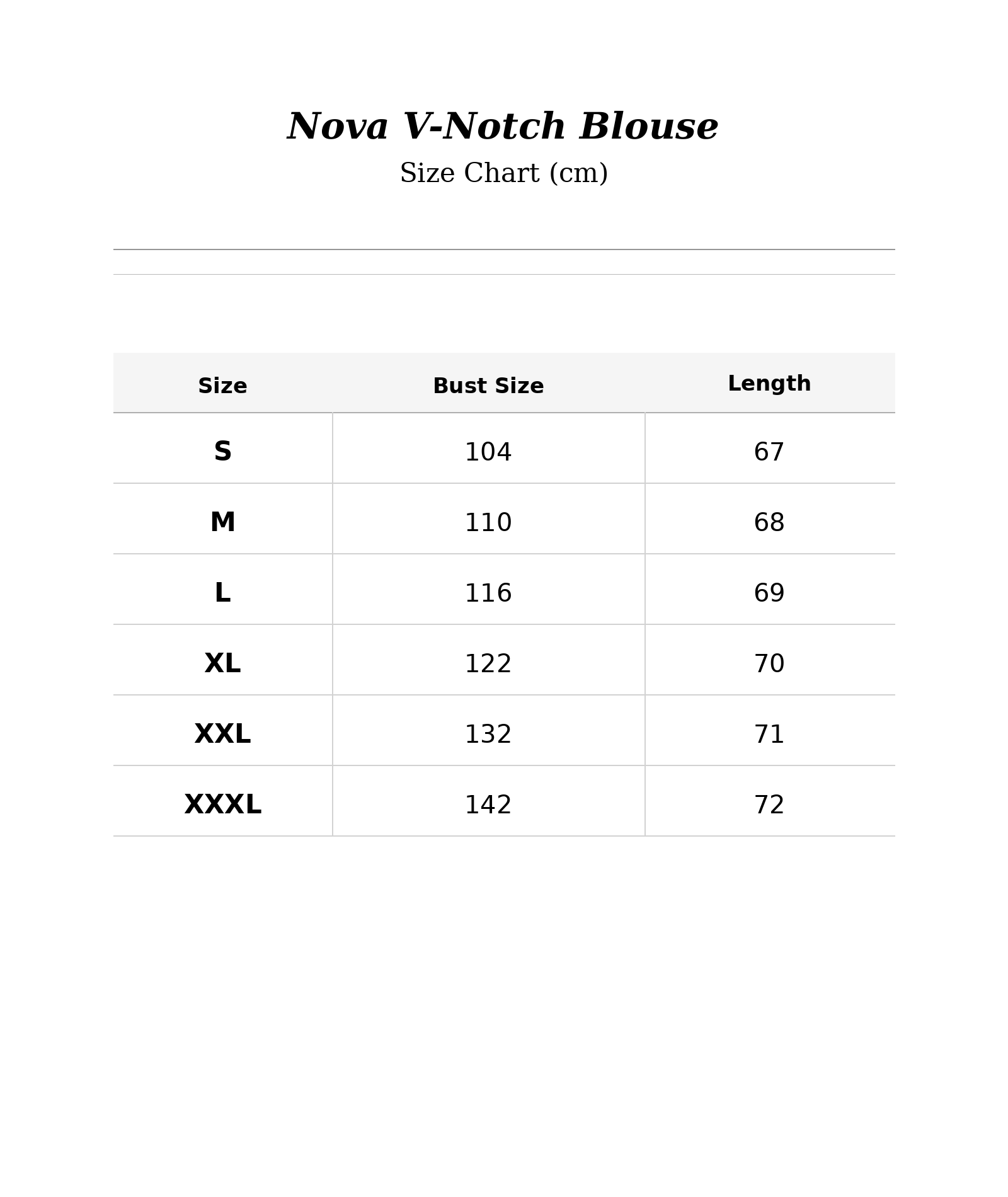 Size chart for Nova V-Notch Blouse
