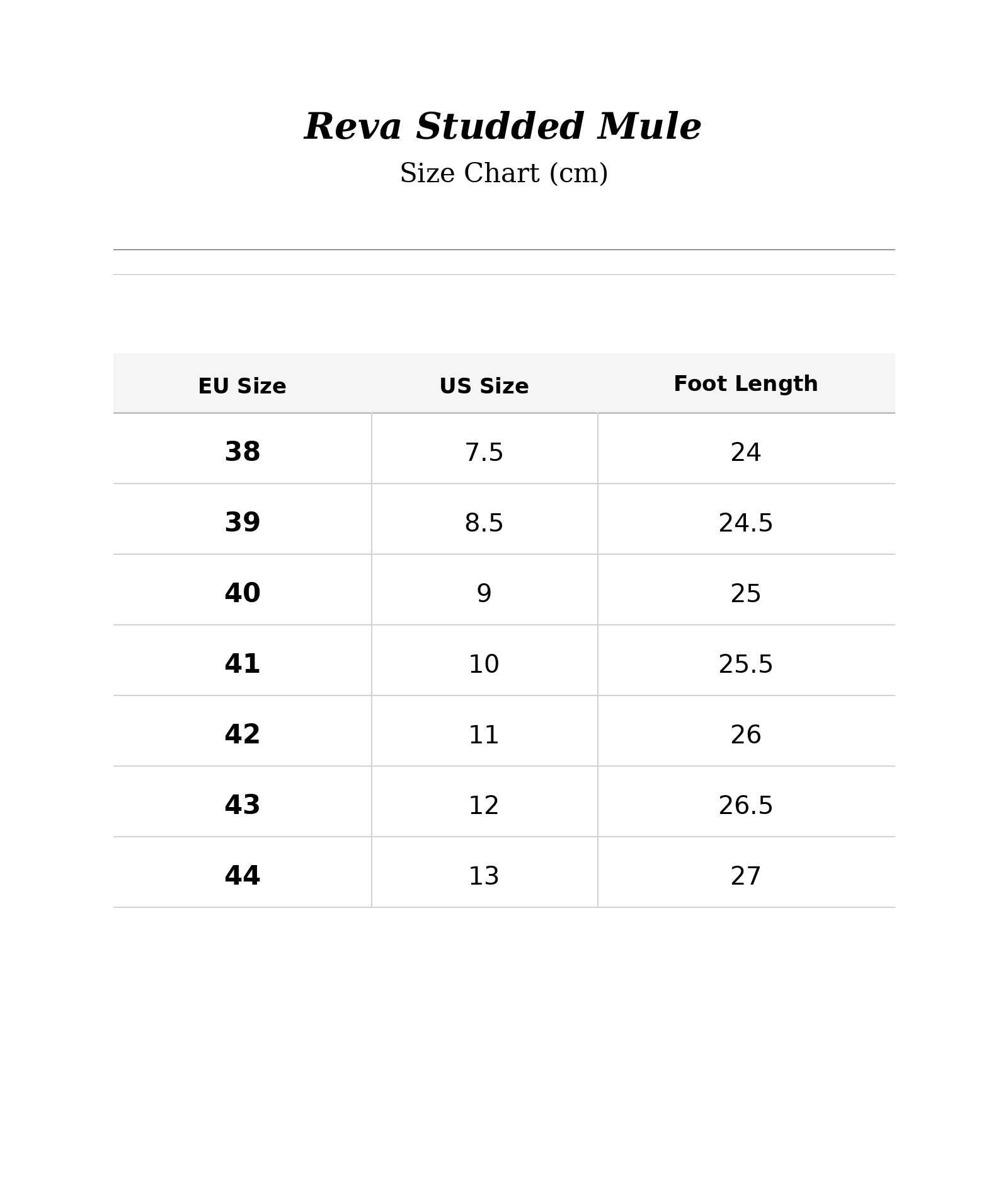 Size chart for Reva Studded Mule