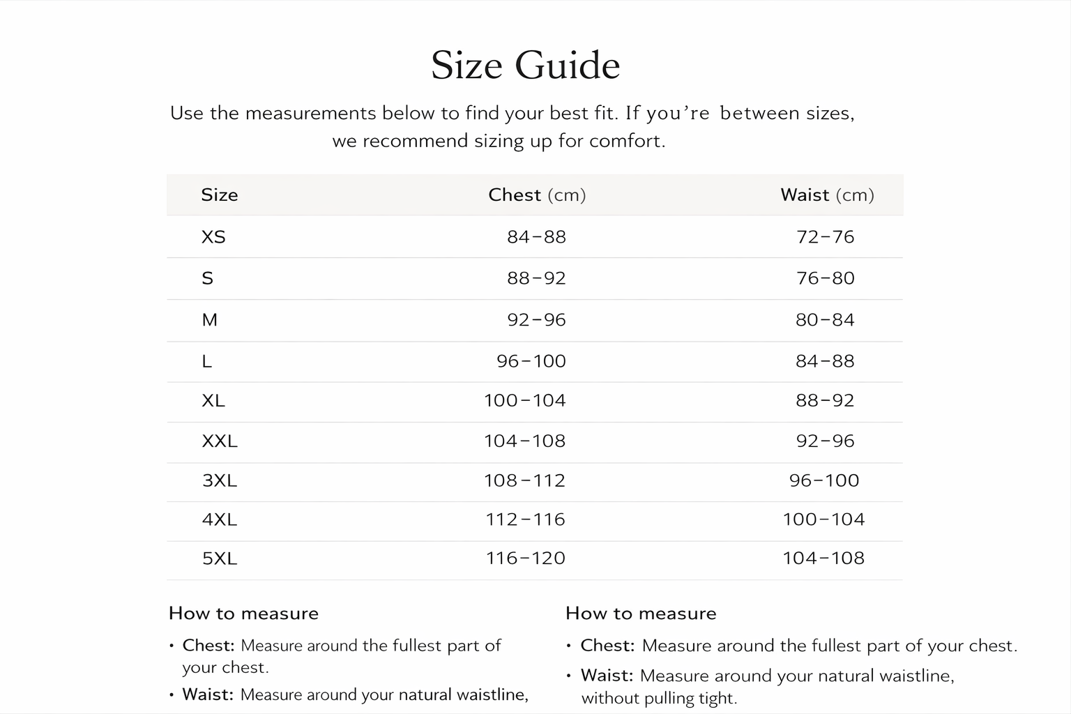 Size chart for Gary | Relaxed zip