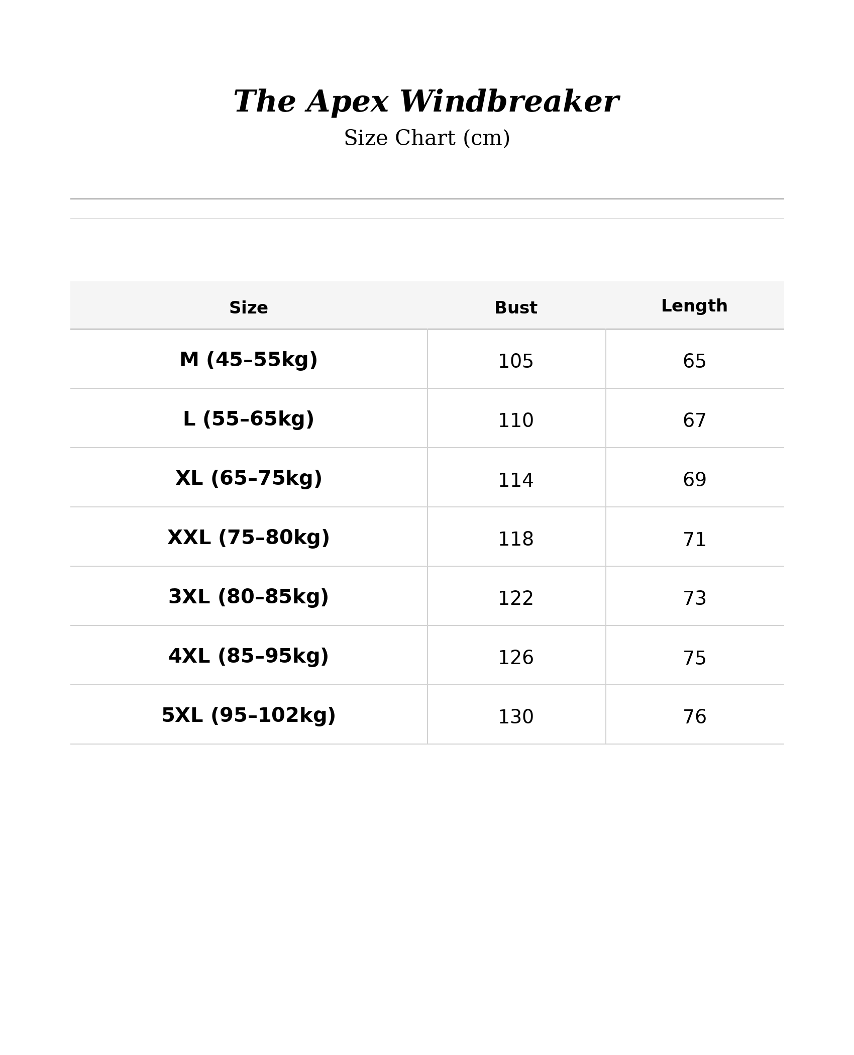 Size chart for The Apex Windbreaker