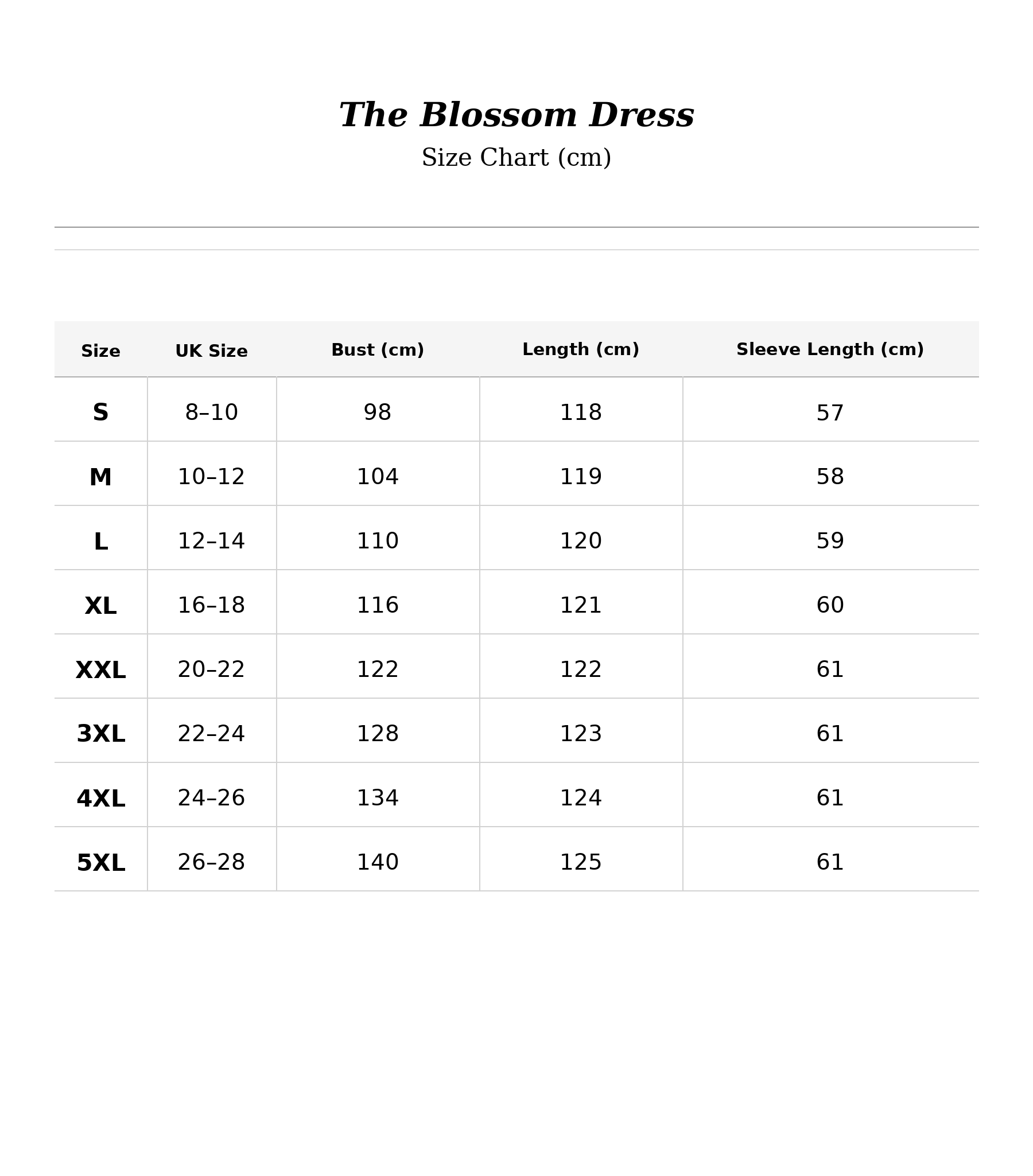 Size chart for The Blossom Dress