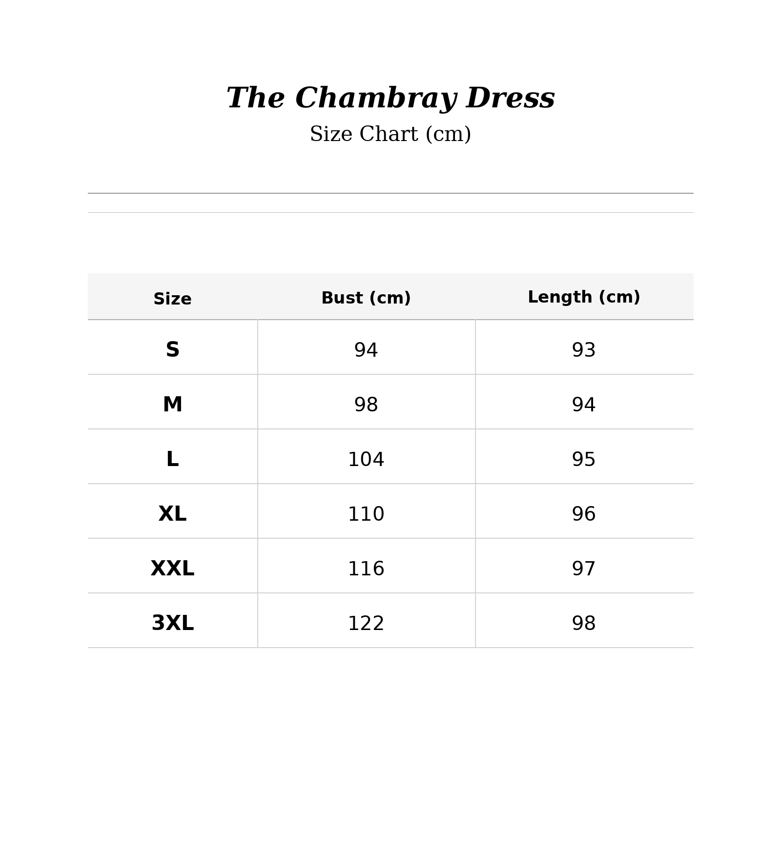Size chart for The Chambray Dress