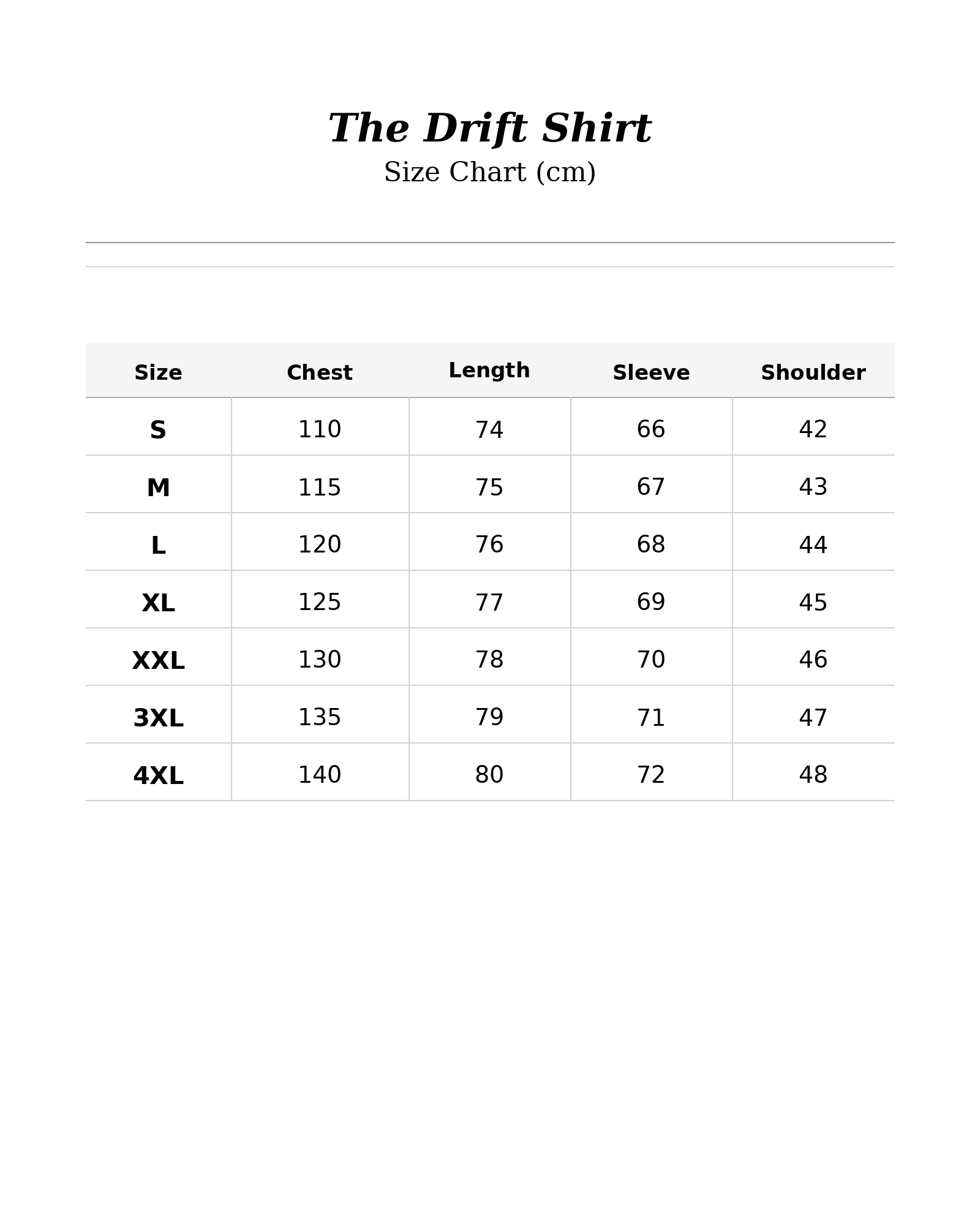Size chart for The Drift Shirt
