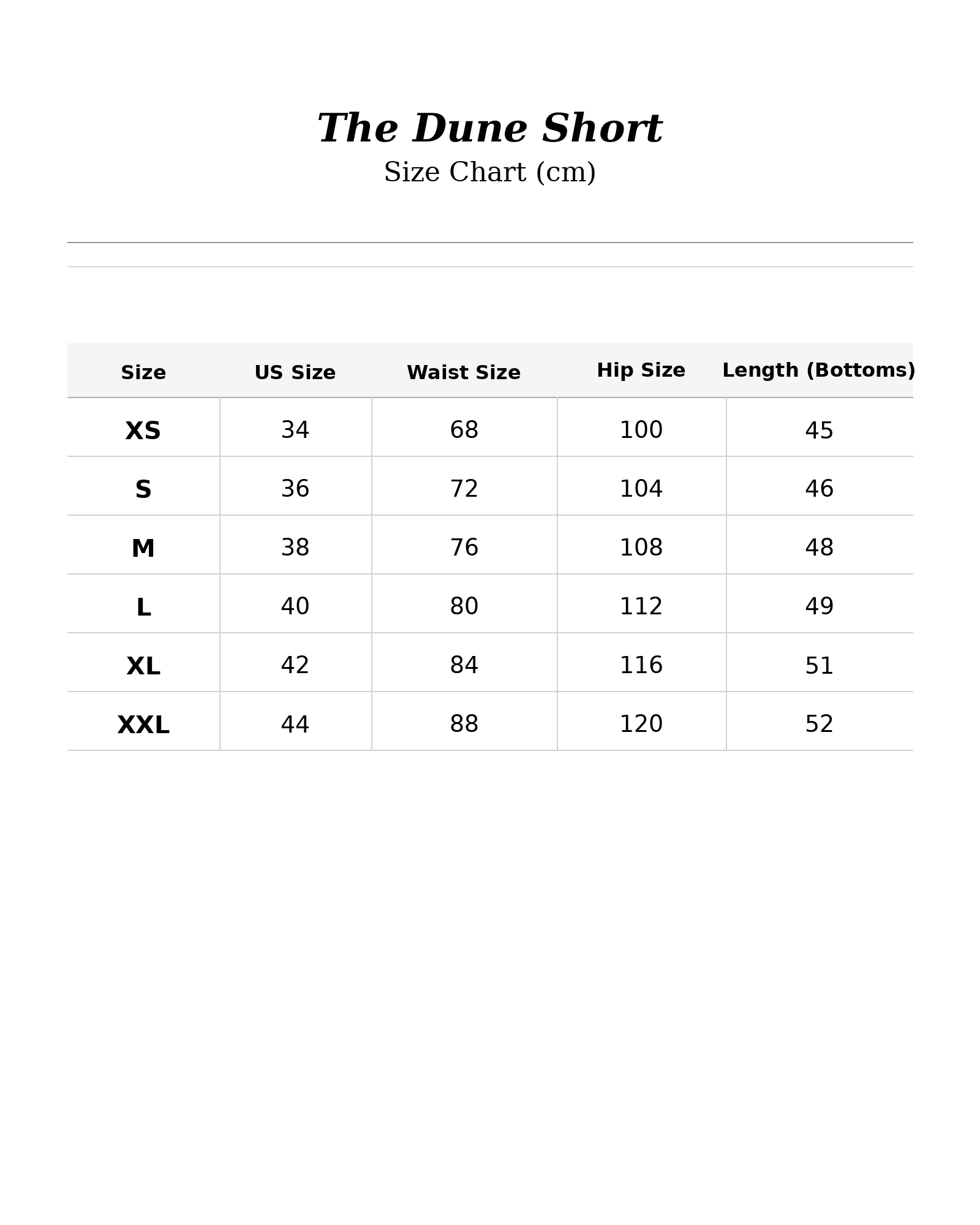 Size chart for The Dune Short