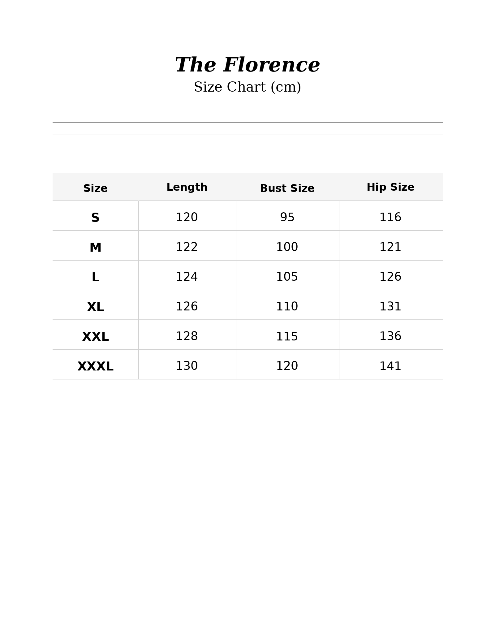 Size chart for The Florence