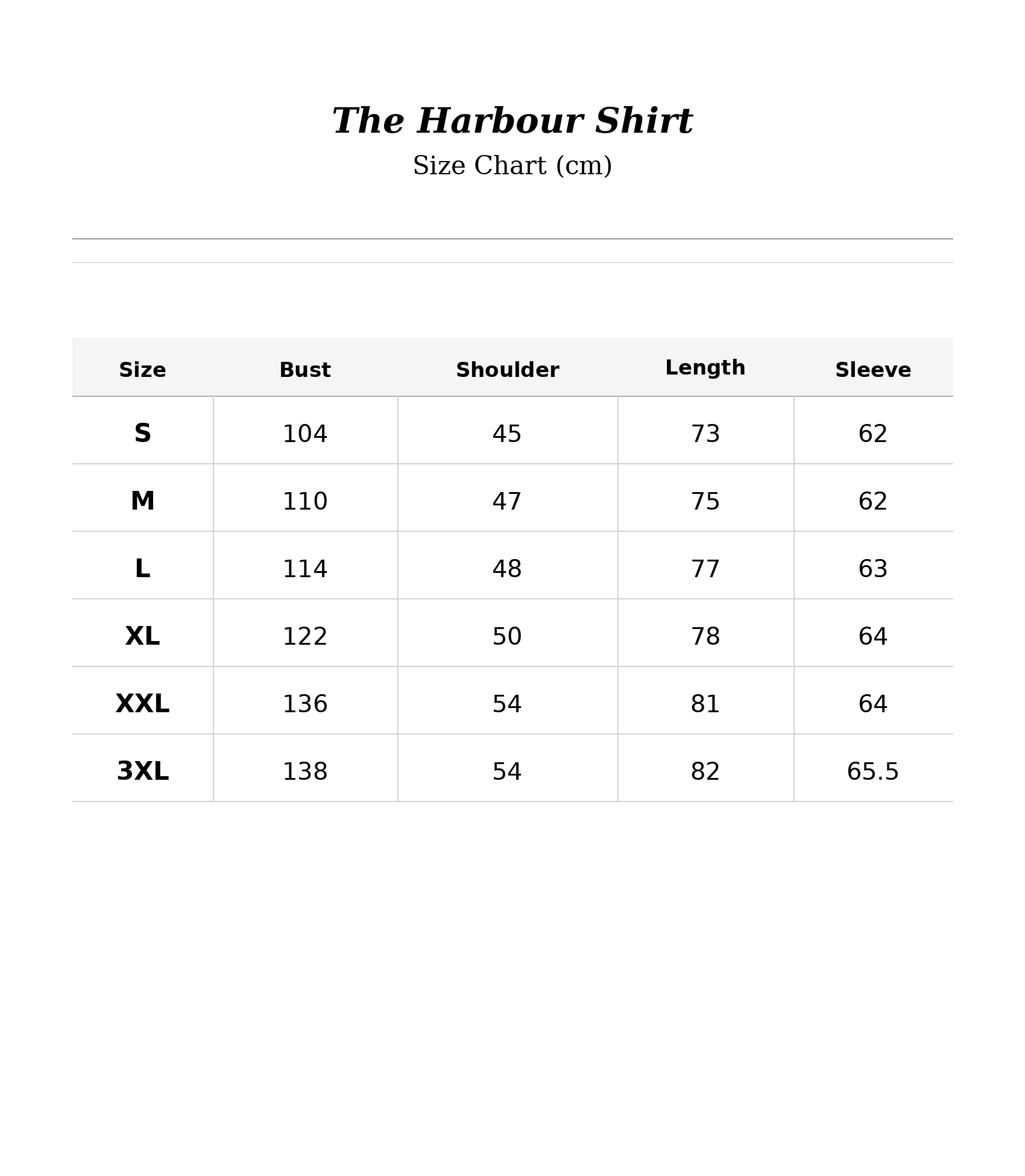 Size chart for The Harbour Shirt