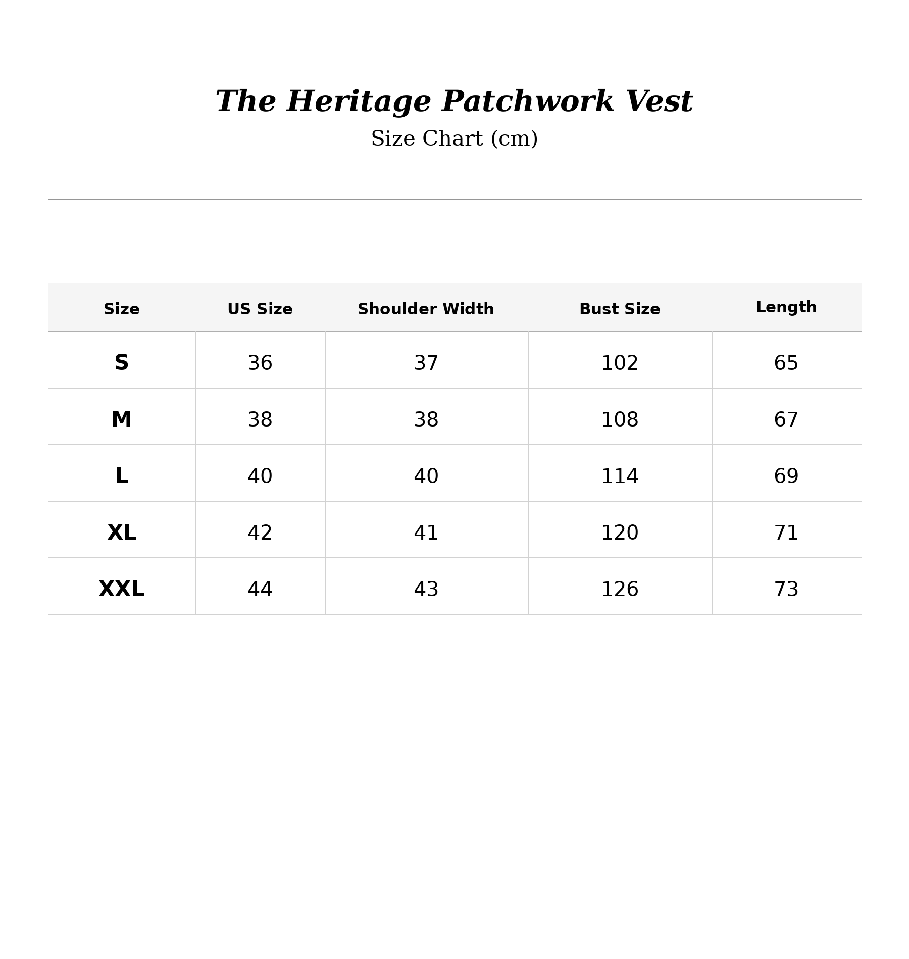 Size chart for The Heritage Patchwork Vest