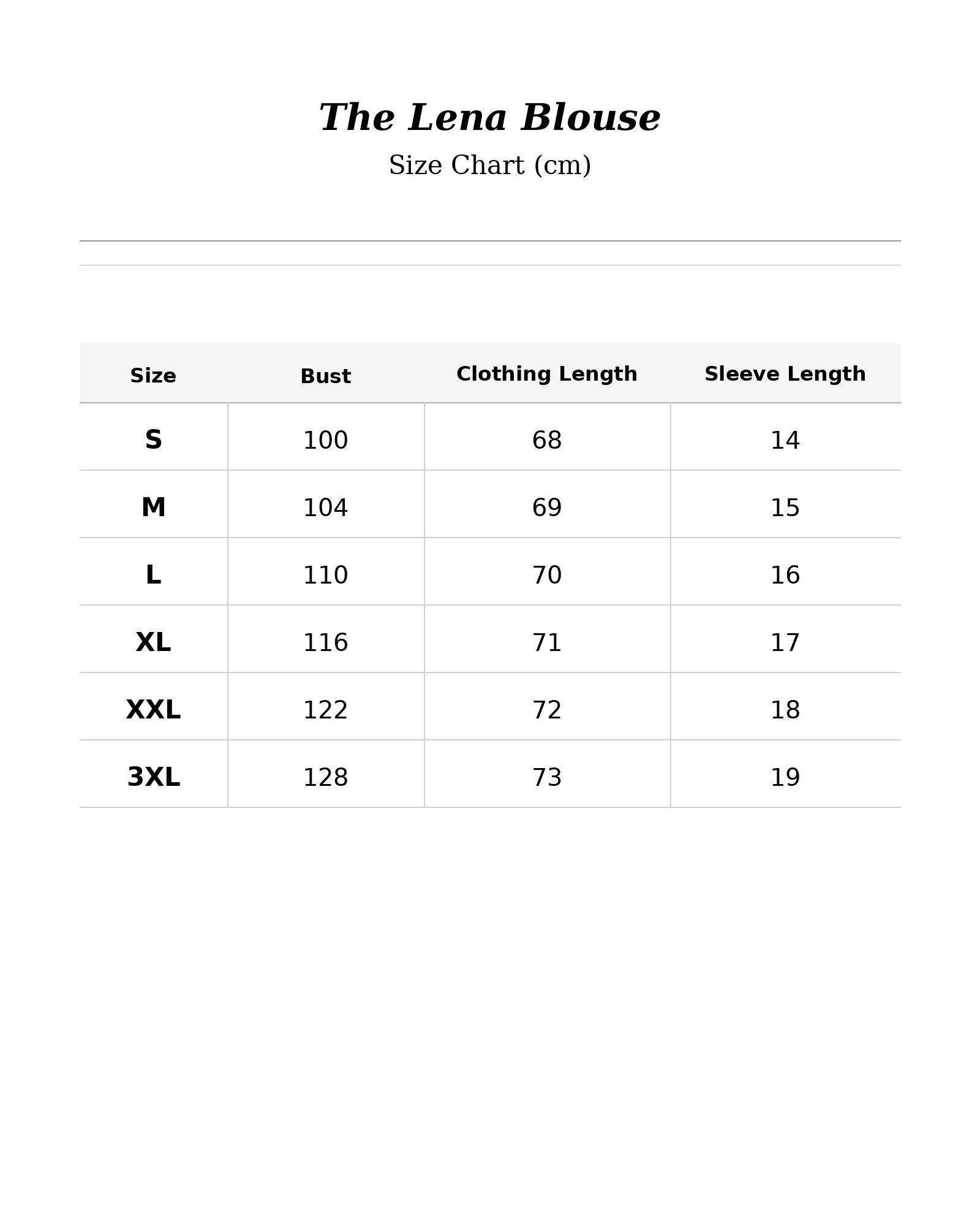 Size chart for The Lena Blouse