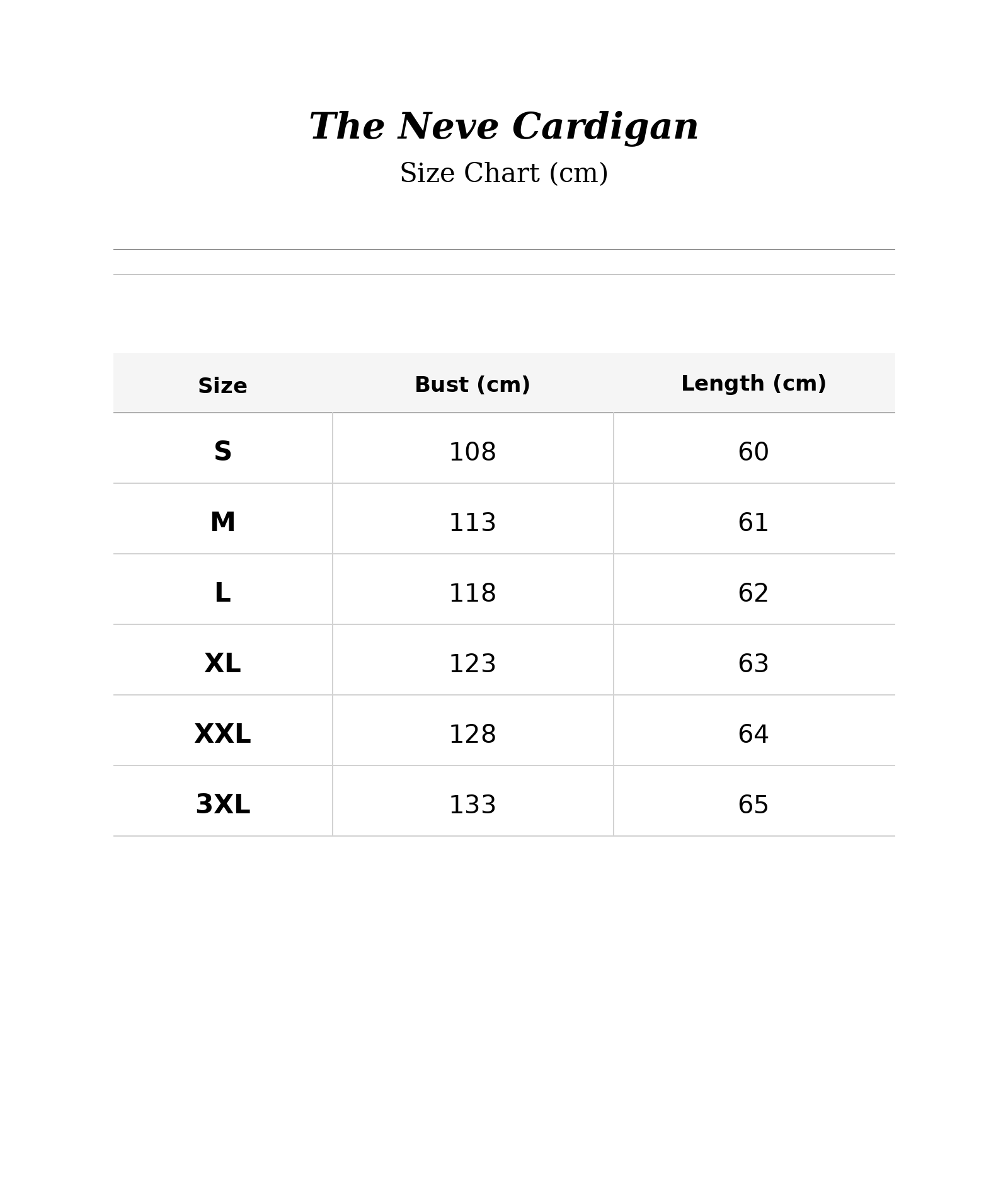 Size chart for The Neve Cardigan