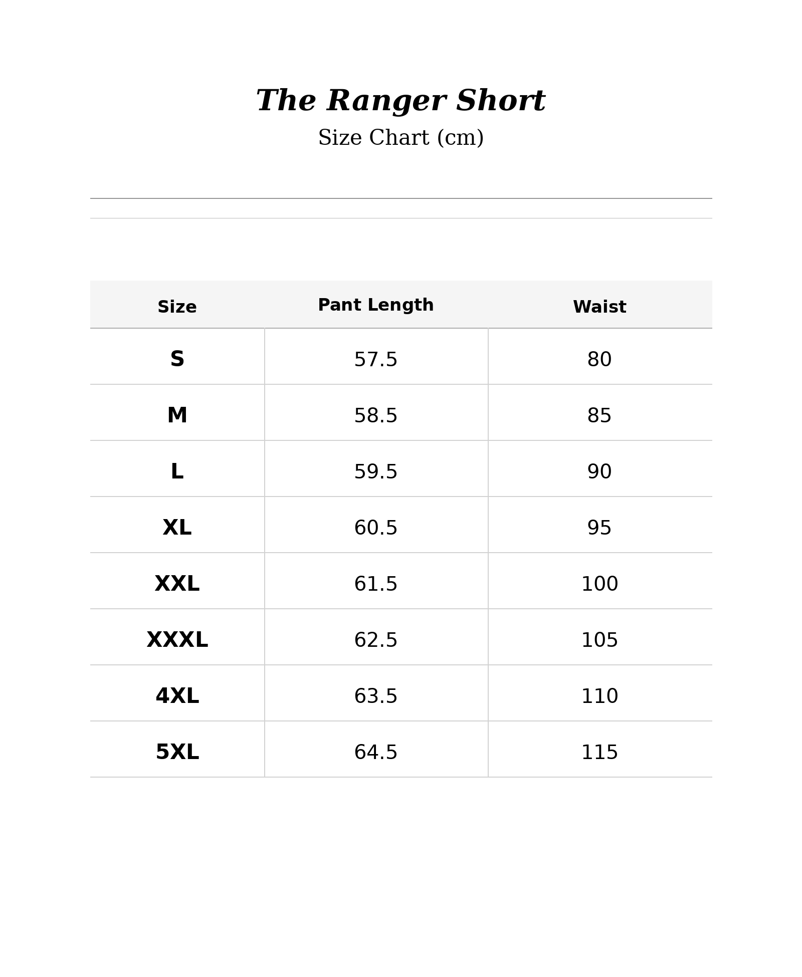 Size chart for The Ranger Short