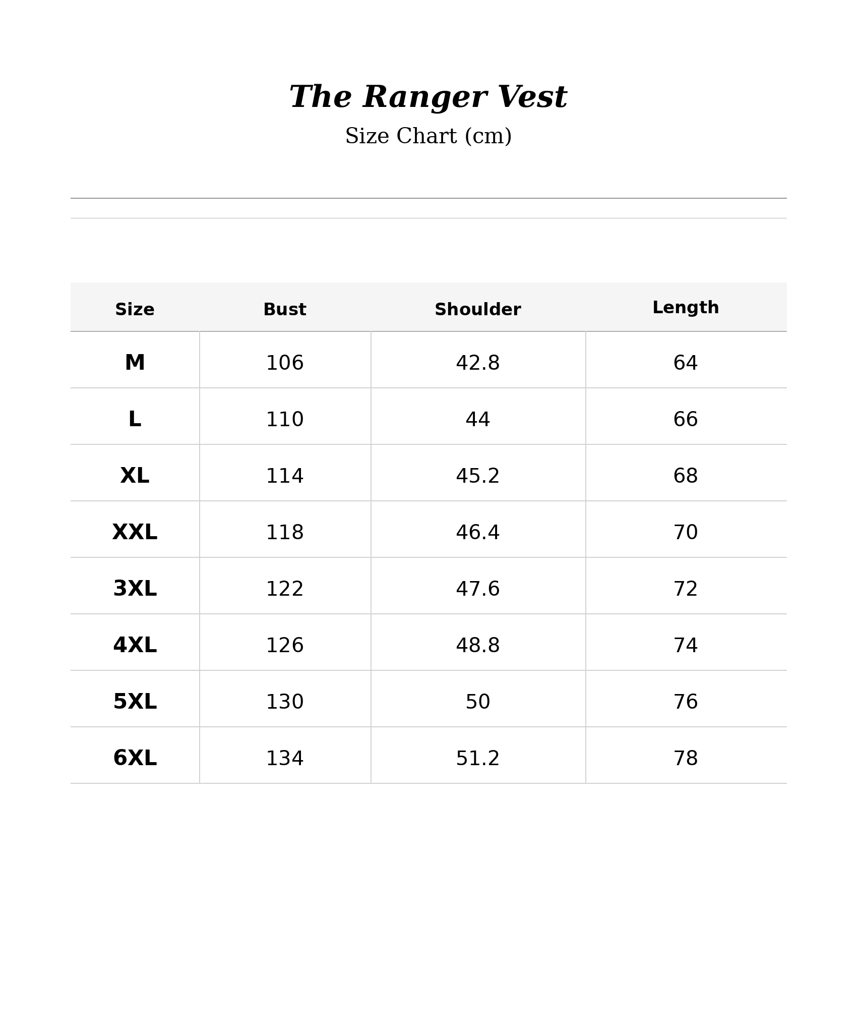 Size chart for The Ranger Vest