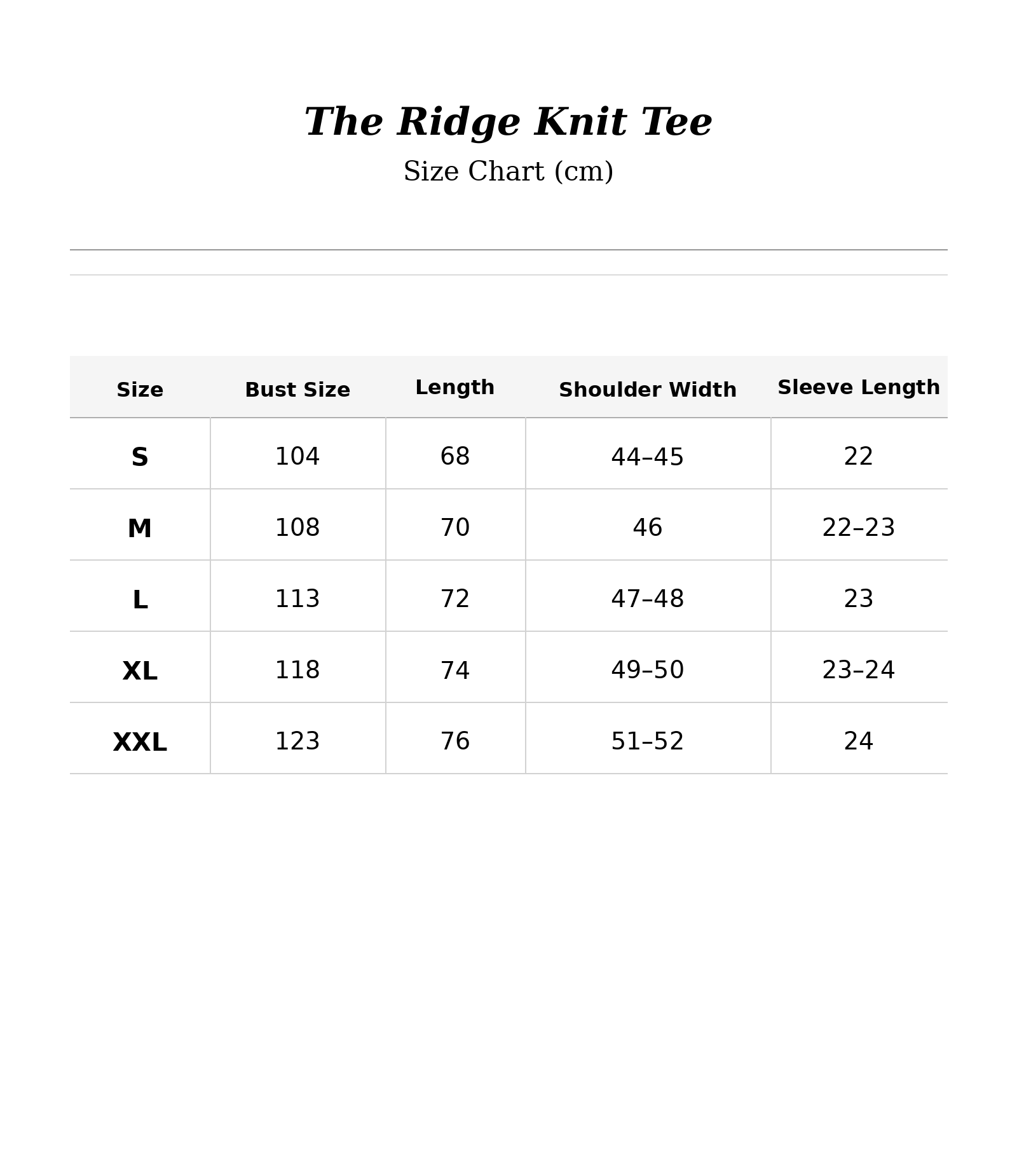 Size chart for The Ridge Knit Tee