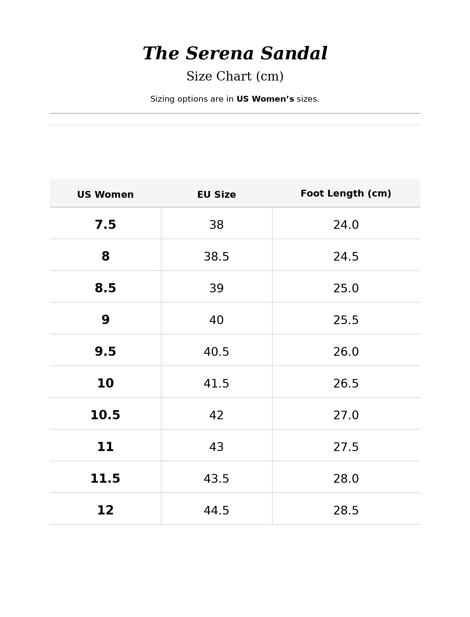 Size chart for The Serena Sandal