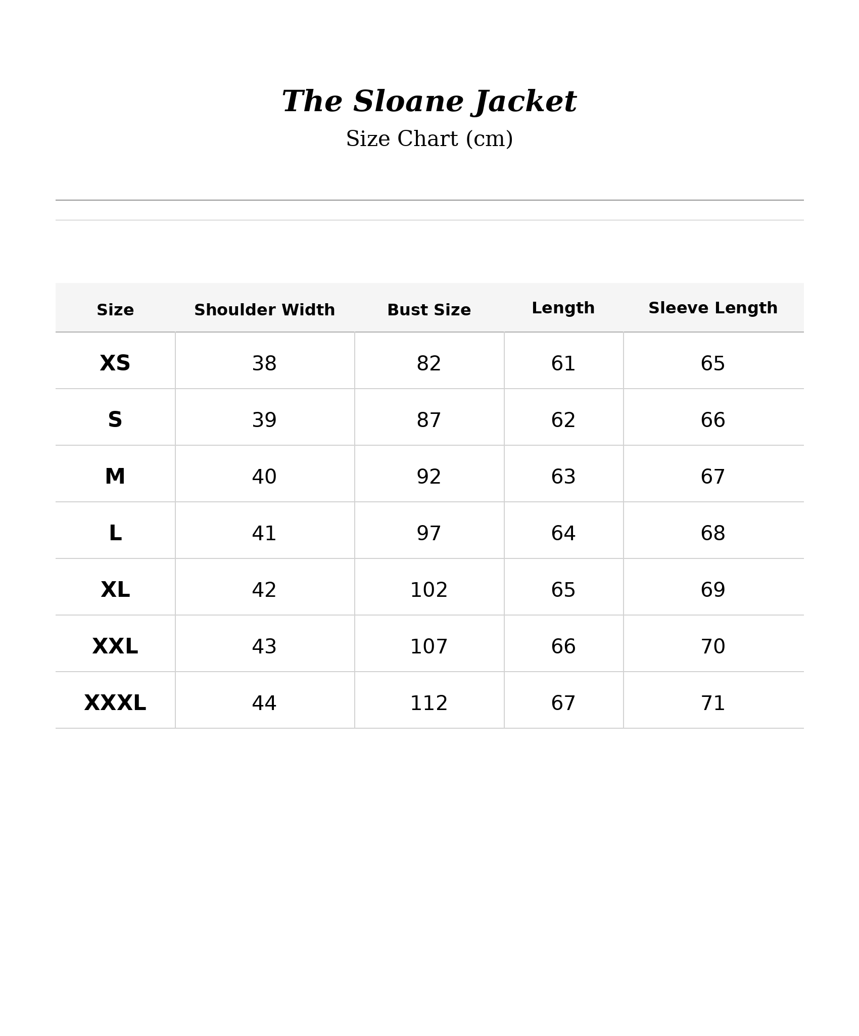 Size chart for The Sloane Jacket