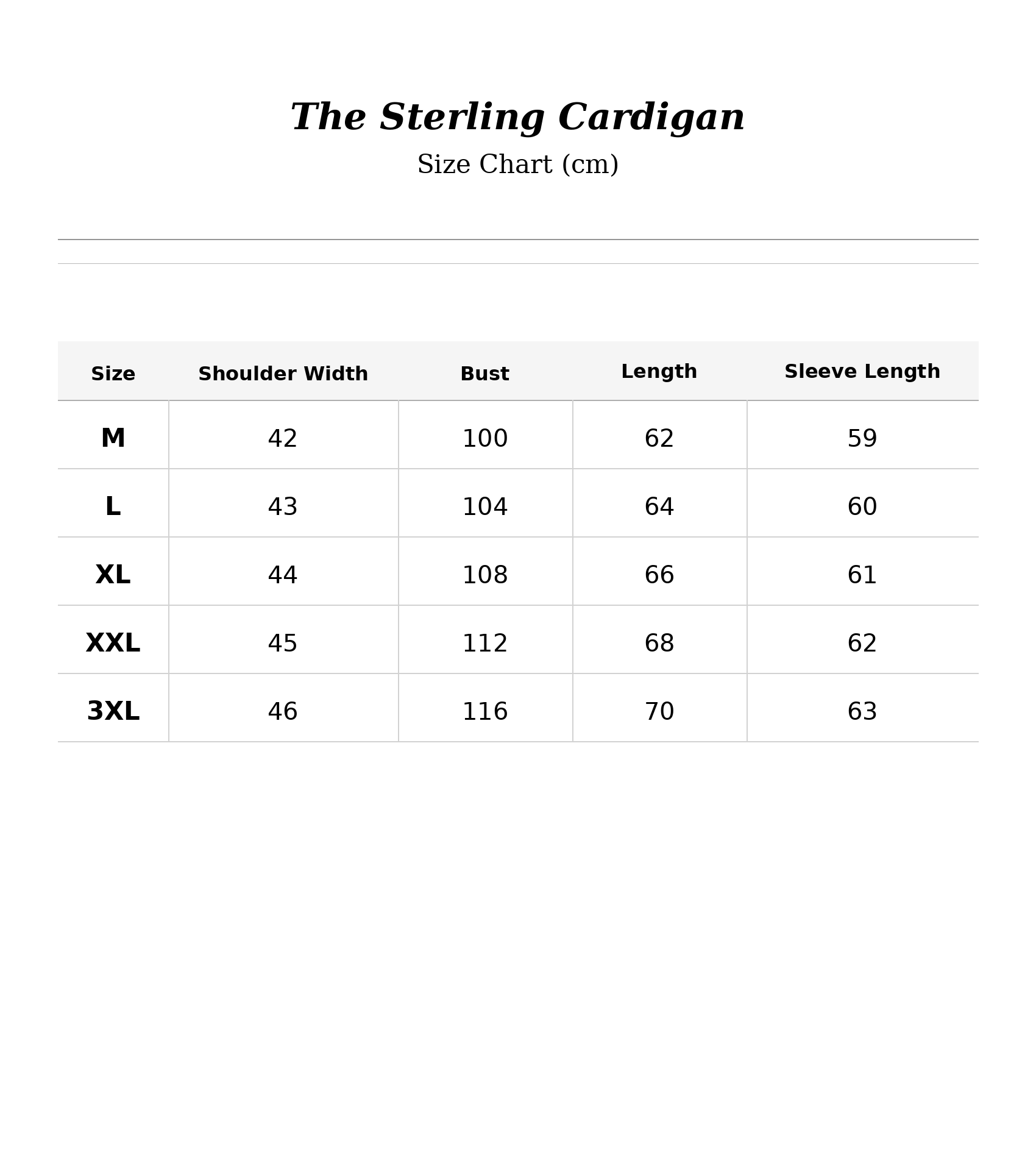 Size chart for The Sterling Cardigan