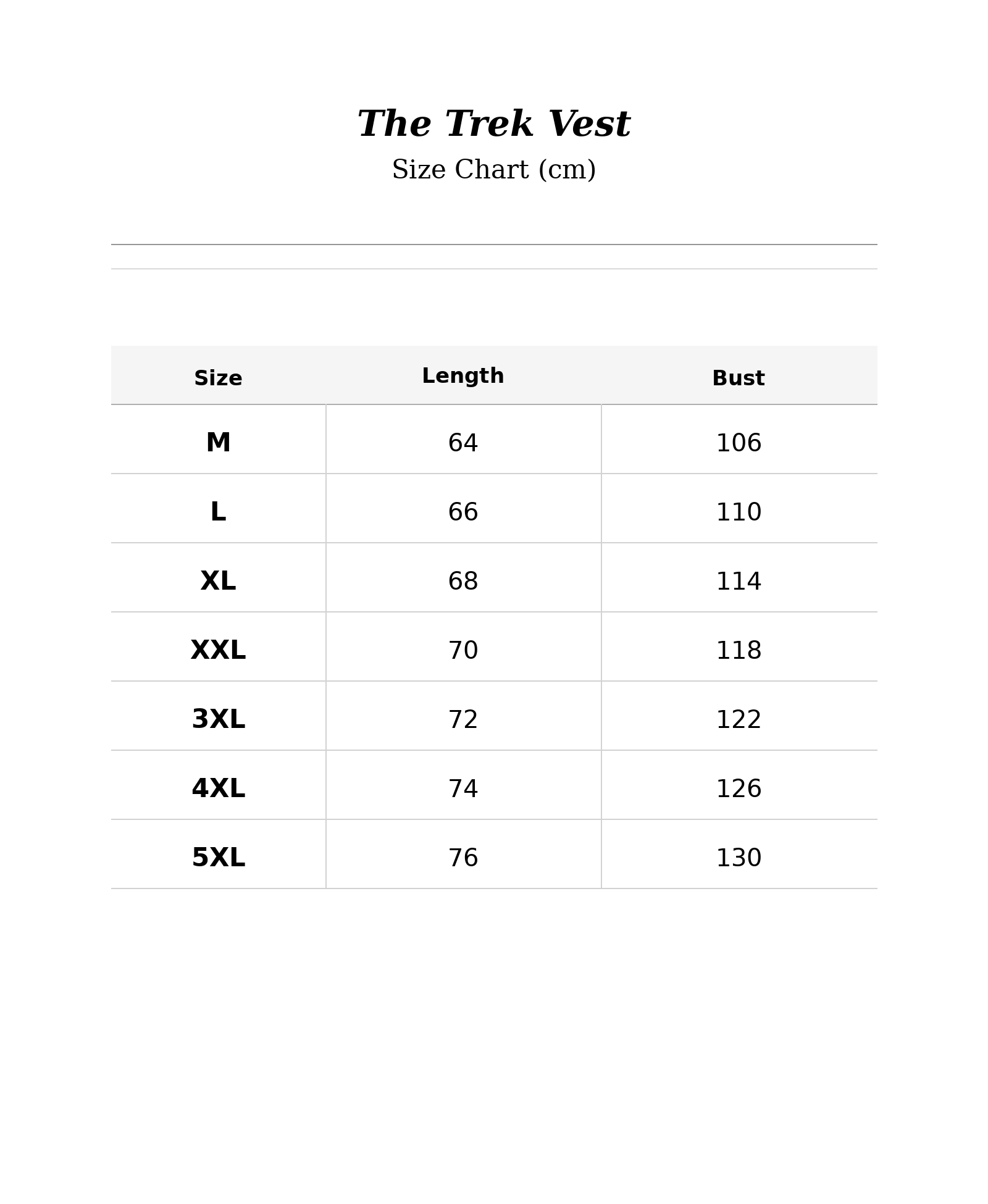 Size chart for The Trek Vest