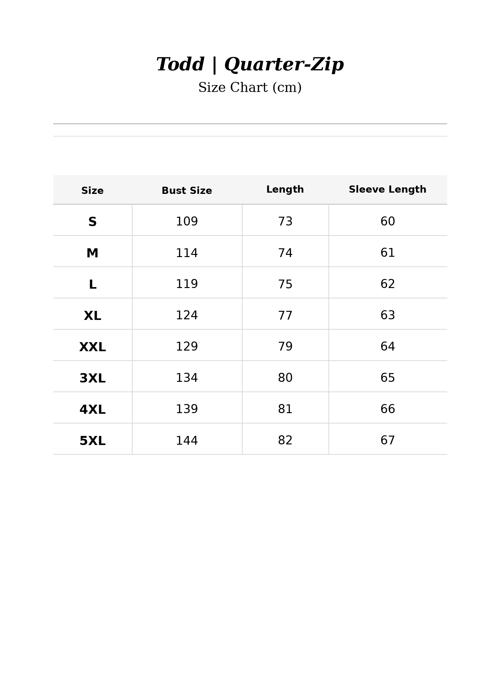 Size chart for Todd | Quarter-Zip
